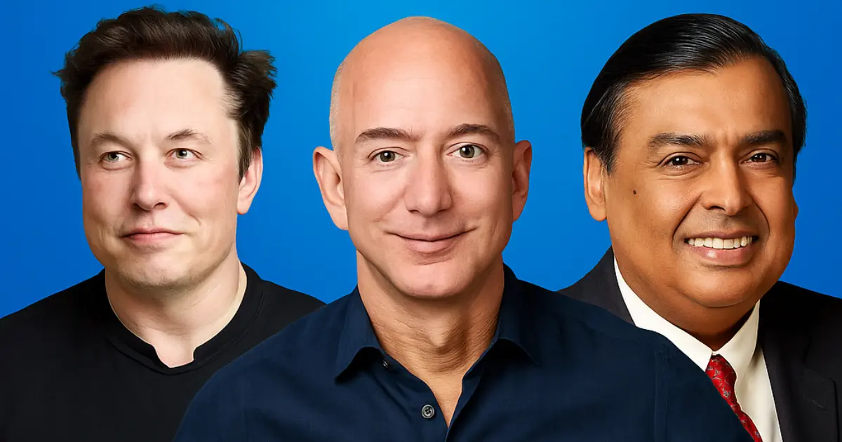 अमेरिका, चीन या भारत – किस देश के पास हैं सबसे ज़्यादा अरबपति? 1 Image of Elon Musk, Mukesh Ambani, and Jeff Bezos